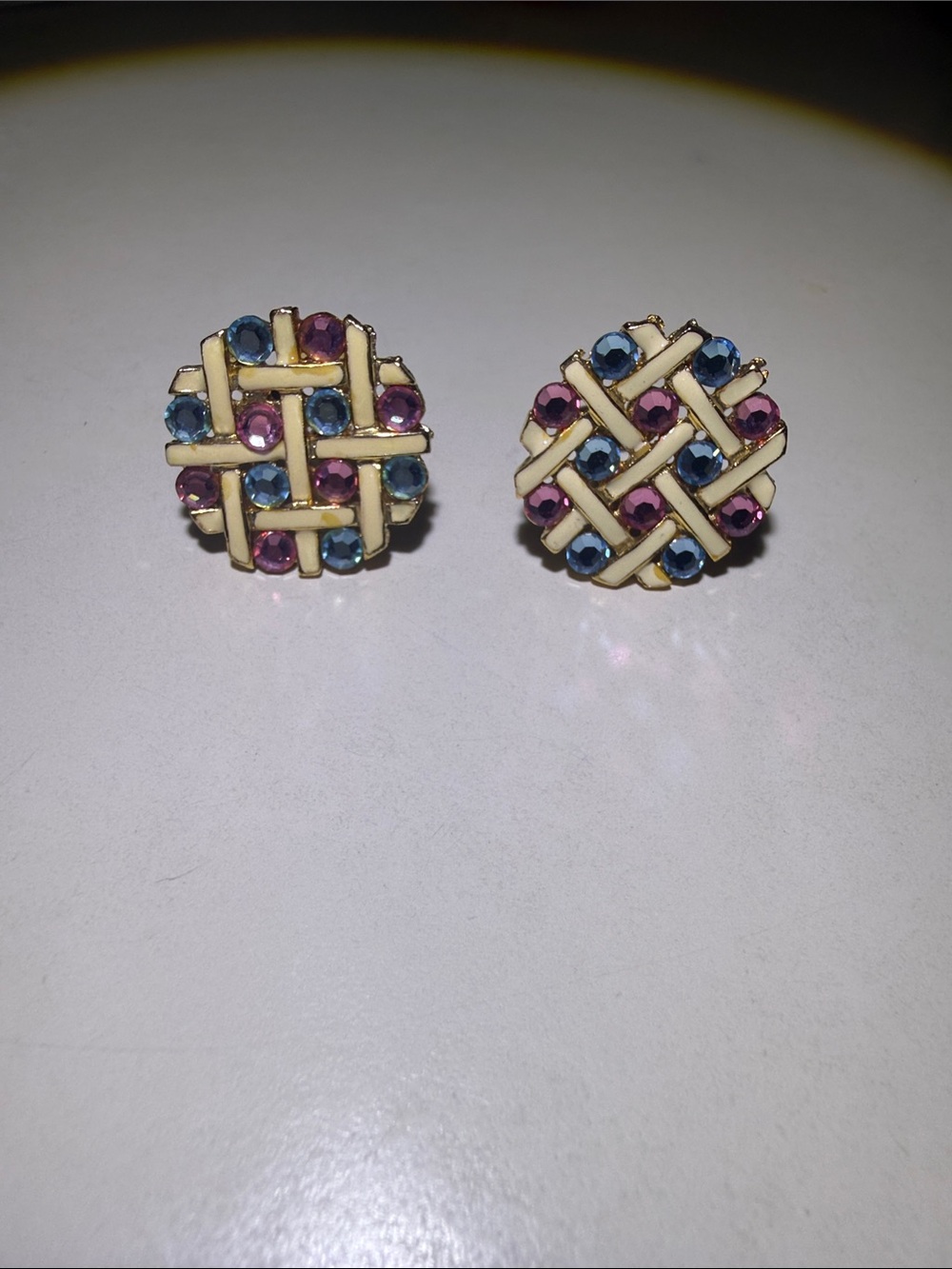 Gold-Tone Woven Clip-On Earrings with Blue and Pink Crystals